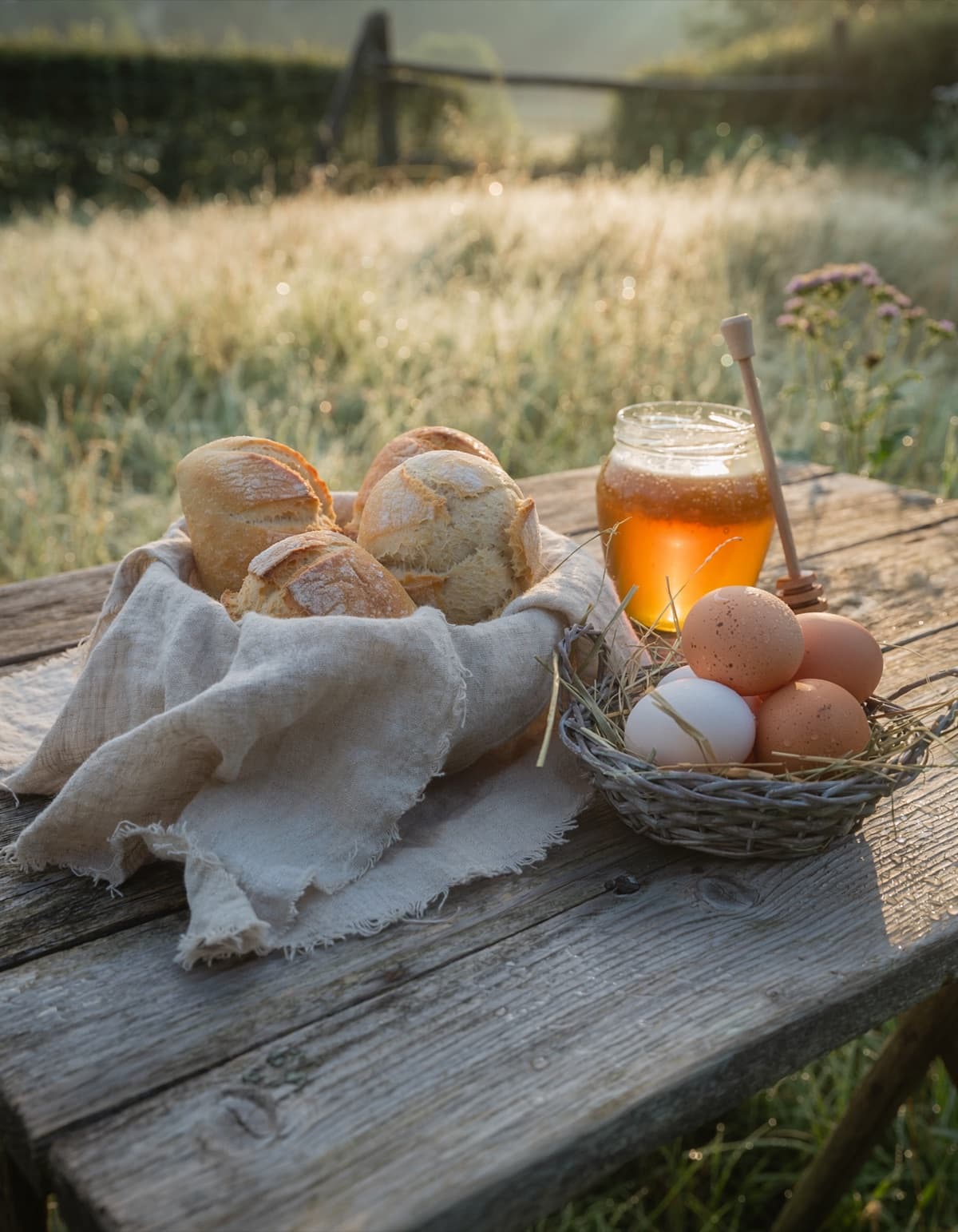 Frühstück auf dem Hof: Brötchen, Honig und Eier auf einem Holztisch
