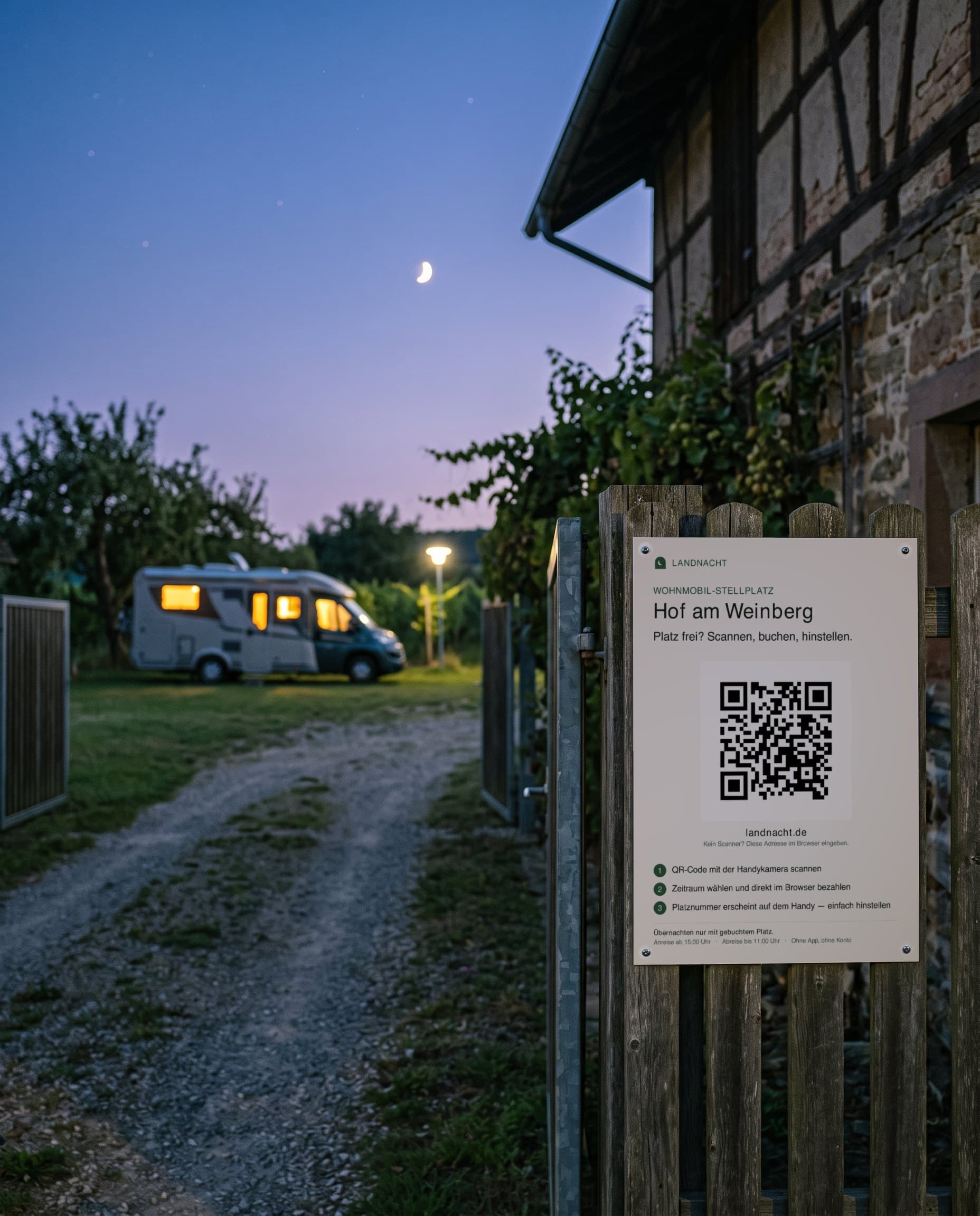 Landnacht-Schild mit QR-Code am Hoftor, dahinter ein Wohnmobil auf der Wiese in der Abenddämmerung